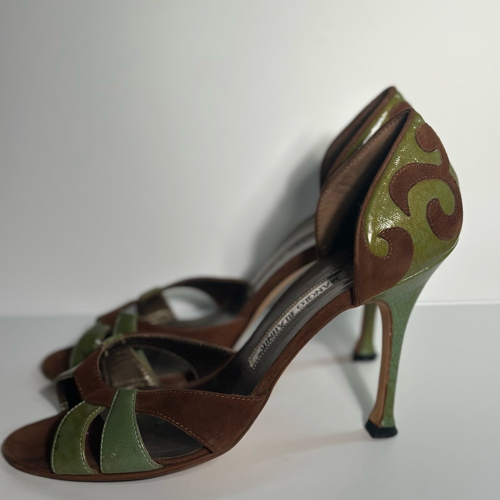 Manolo Blahnik Brown and Green Suede D'Orsay Open-Toe Heels - Picture 2 of 5
